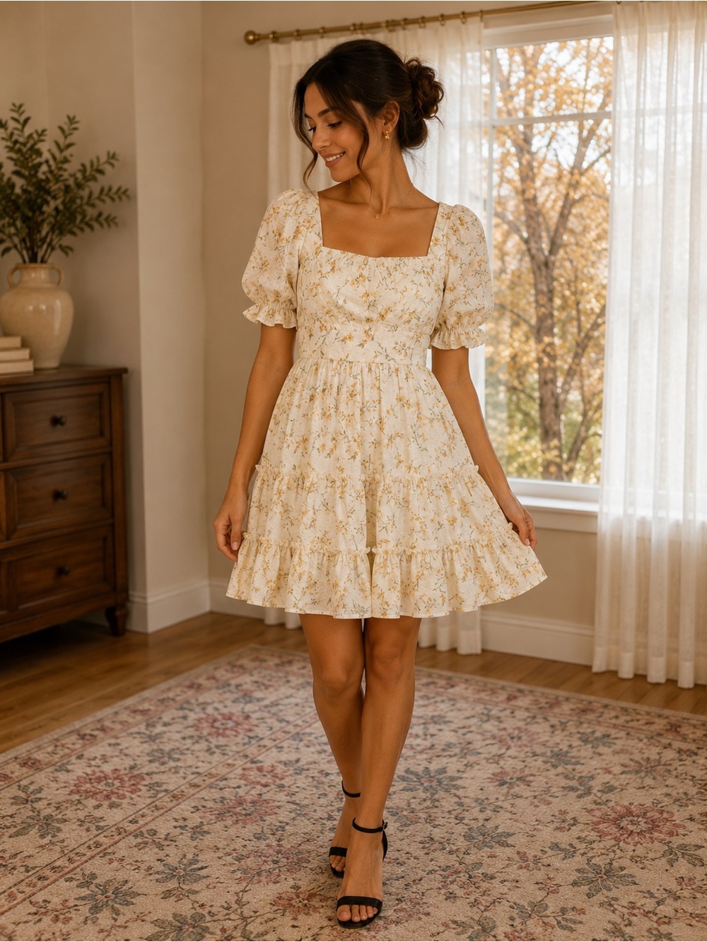 mine Cream Floral Square-Neck Tiered Mini Dress